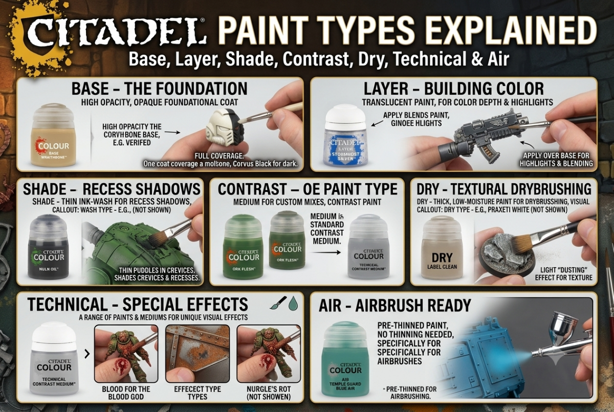 Citadel Paint Types Explained: Base, Layer, Shade, Contrast, Dry, Technical & Air