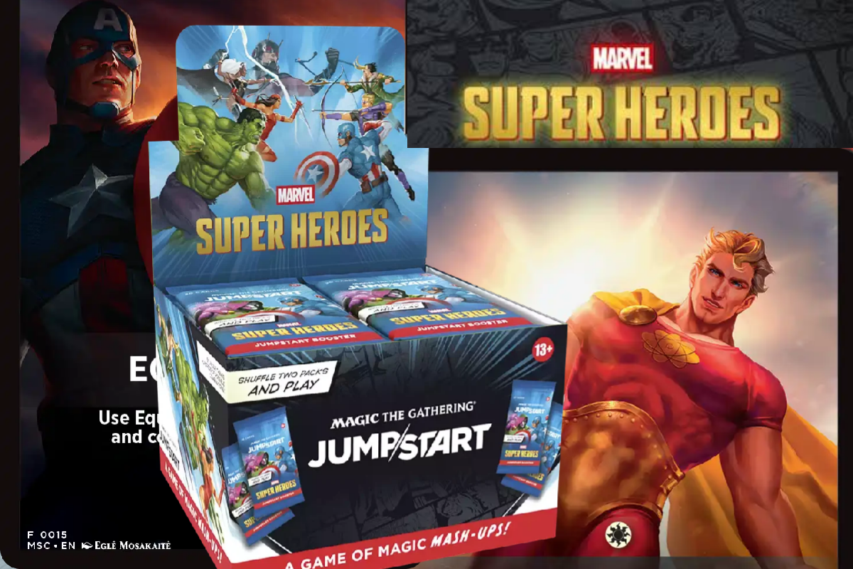 Promo art displaying Marvel Super Heroes Magic the Gathering booster pack packaging