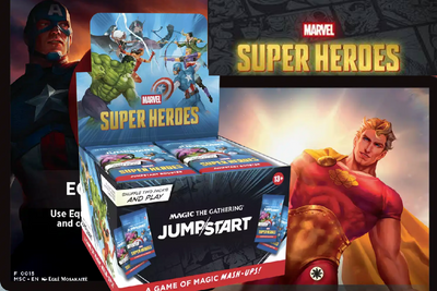 Promo art displaying Marvel Super Heroes Magic the Gathering booster pack packaging