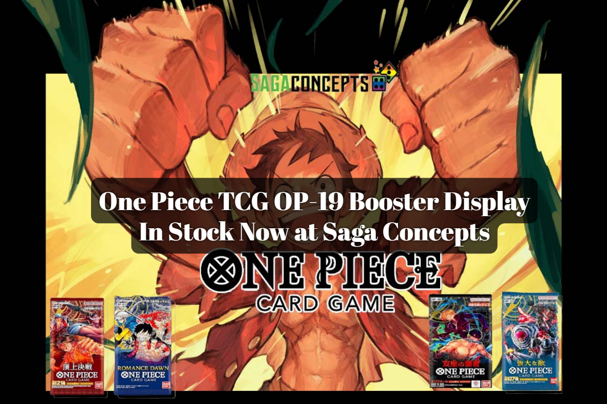 One Piece TCG OP-19 Booster Display in stock now at Saga Concepts — promotional banner featuring Luffy artwork with One Piece Card Game booster packs