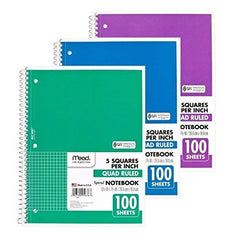 Mead Spiral Quad Ruled Notebook, 1 subject 5 squares per inch 100 Sheets, 3 Pack
