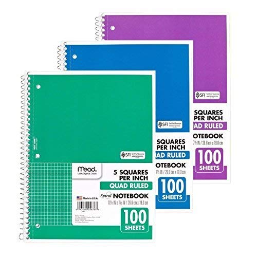 Mead Spiral Quad Ruled Notebook, 1 subject 5 squares per inch 100 Sheets, 3 Pack