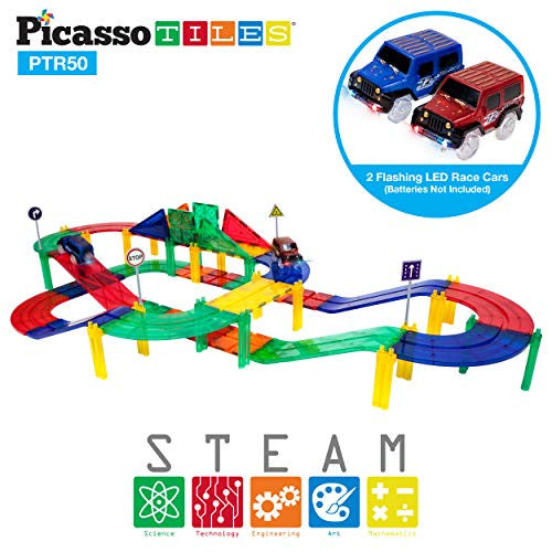 PicassoTiles 50 Piece Race Car Track Building Block Educational Toy Set