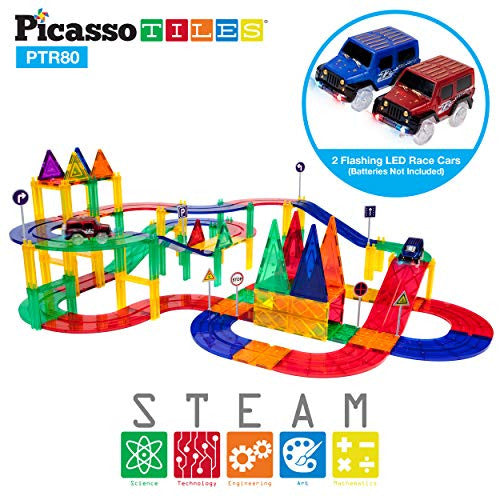 PicassoTiles 80 Piece Race Car Track Building Block Educational Toy Set