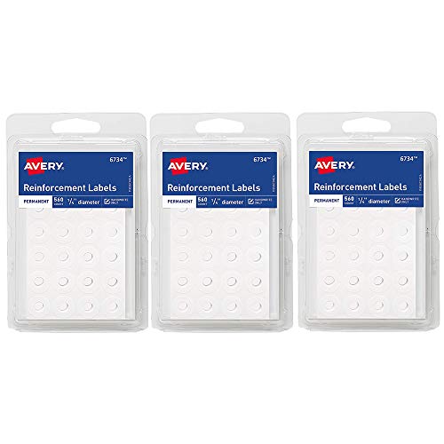 Avery White Self-Adhesive Reinforcement Labels, 1/4 Round, 560 Labels per Pack, (6734) (Pack of 3)