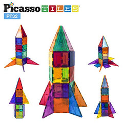 PicassoTiles 32 Piece Magnetic Building Block Rocket Booster Theme Set
