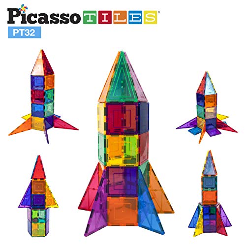 PicassoTiles 32 Piece Magnetic Building Block Rocket Booster Theme Set