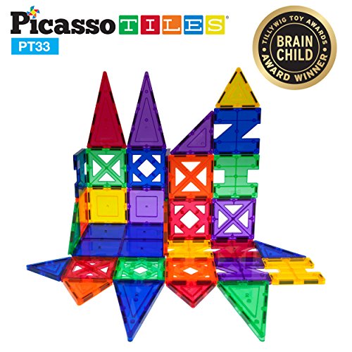 PicassoTiles PT33 33-Piece Building Blocks 33pcs Educational Kit 3D Building Construction Toy Set Clear Magnetic Stacking Block STEM