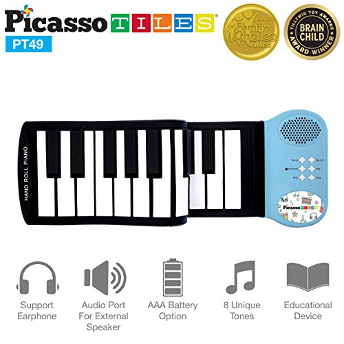 PicassoTiles PT49 49-Key Flexible Roll-Up Educational Electronic Piano Keyboard w/ Recording, 8 Different tones, 6 Educational Demo Songs & Build-in Speaker