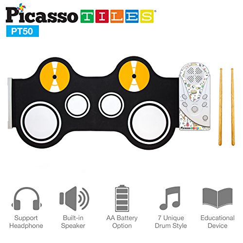 PicassoTiles PT50 Flexible Roll-Up Educational Electronic Digital Music Drum Kit w/ Recording Feature, 7 Different Drum Styles, Headphone/Built-in Speaker