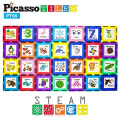 PicassoTiles 56 Piece Magnetic Building Blocks with 28pc Tiles and 28pc Educational Artwork Graphic Click-in Inserts Magnet Construction Toy Set