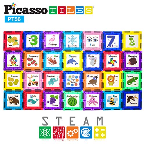 PicassoTiles 56 Piece Magnetic Building Blocks with 28pc Tiles and 28pc Educational Artwork Graphic Click-in Inserts Magnet Construction Toy Set