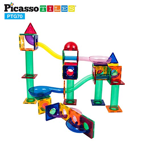 PicassoTiles 70 Piece Marble Run Race Track Magnetic Tiles Magnet Building Block Educational Construction Toy Set