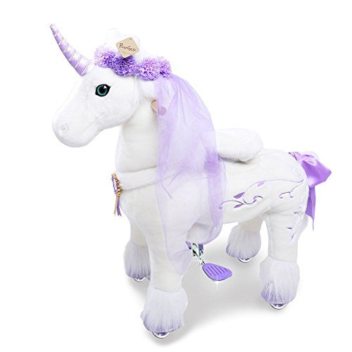 PonyCycle Official Riding Horse White and Purple Unicorn No Battery No Electricity Mechanical Giddy up Pony Plush Toy Walking Animal for Age 4-9 Years Medium Size - K41