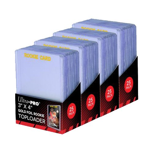 4 Ultra Pro Regular Top Loader Pack W/Gold Rookie Foil Print 81180-25 Toploaders Per Pack (100 Total) - Standard Size Baseball, Basketball, Football, Hockey