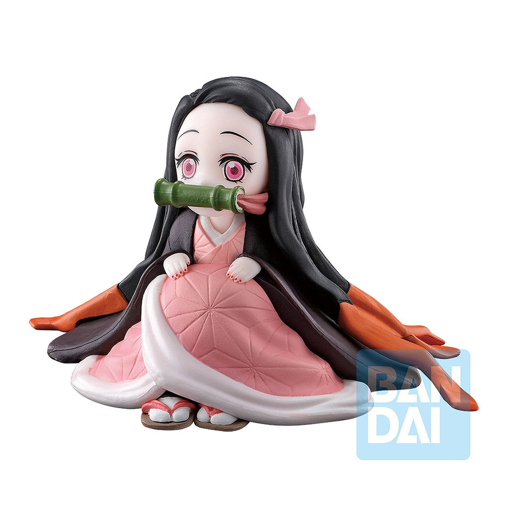 Demon Slayer: Kimetsu no Yaiba Nezuko Kamado Became Smaller Shake The Sword Burn Your Heart Nezuko in Contemplative Pose Bearing Bamboo Mouth Restraint Anime Chibi Figure Ichiban Bandai Spirits BAS60176