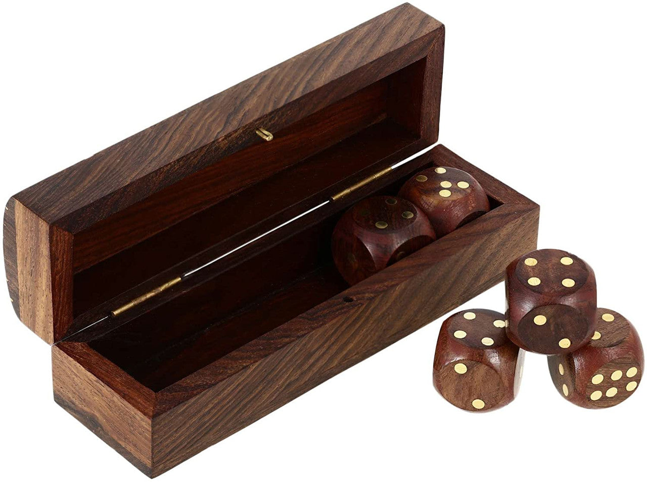 Satnam Handmade Indian Wooden Dice Game Storage Decorative Box with Brass Inlay and 5 Dices Rectangle DiceKitRectangle
