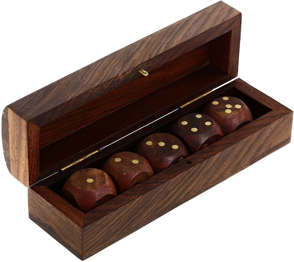 Satnam Handmade Indian Wooden Dice Game Storage Decorative Box with Brass Inlay and 5 Dices Rectangle DiceKitRectangle