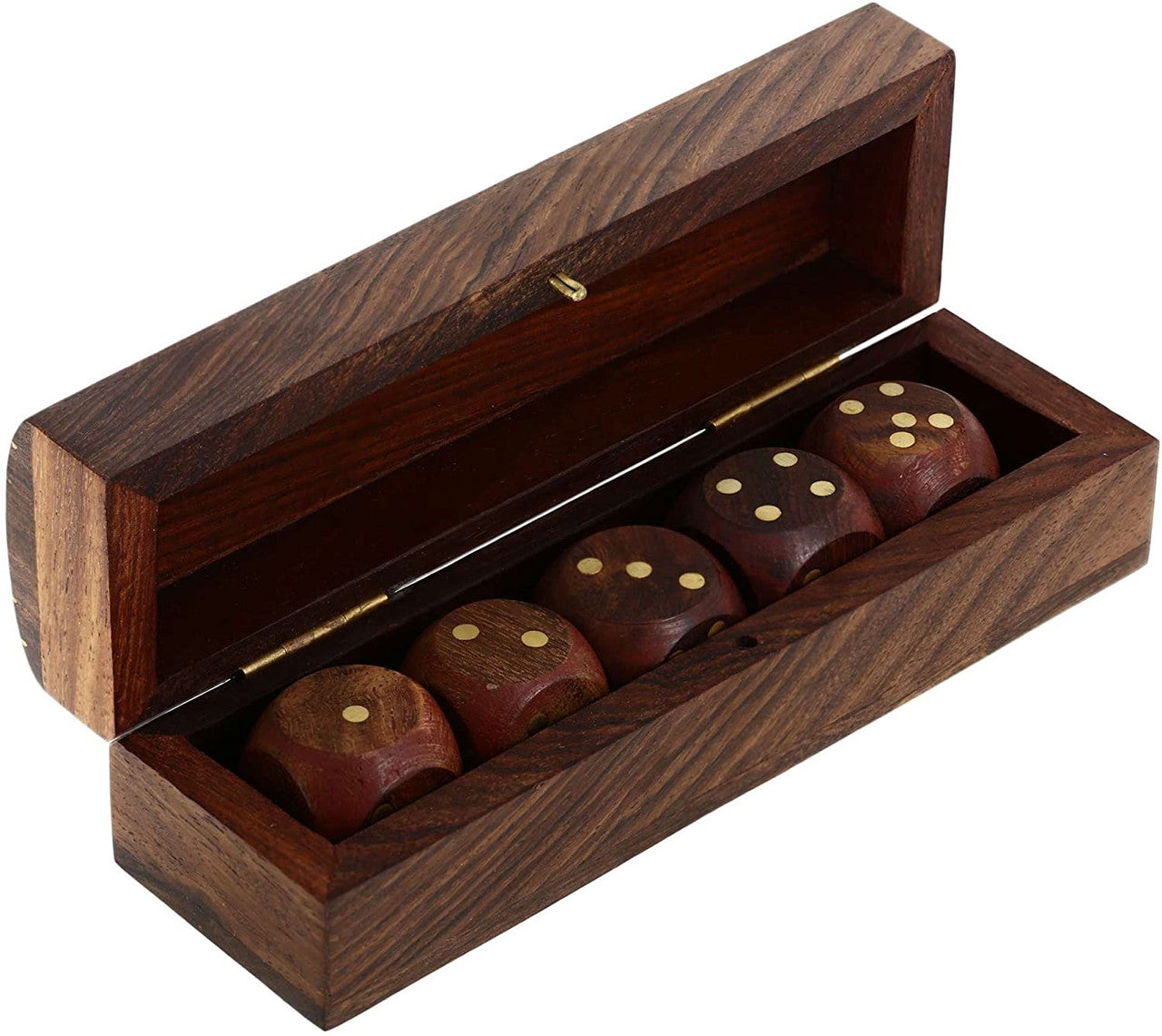 Satnam Handmade Indian Wooden Dice Game Storage Decorative Box with Brass Inlay and 5 Dices Rectangle DiceKitRectangle