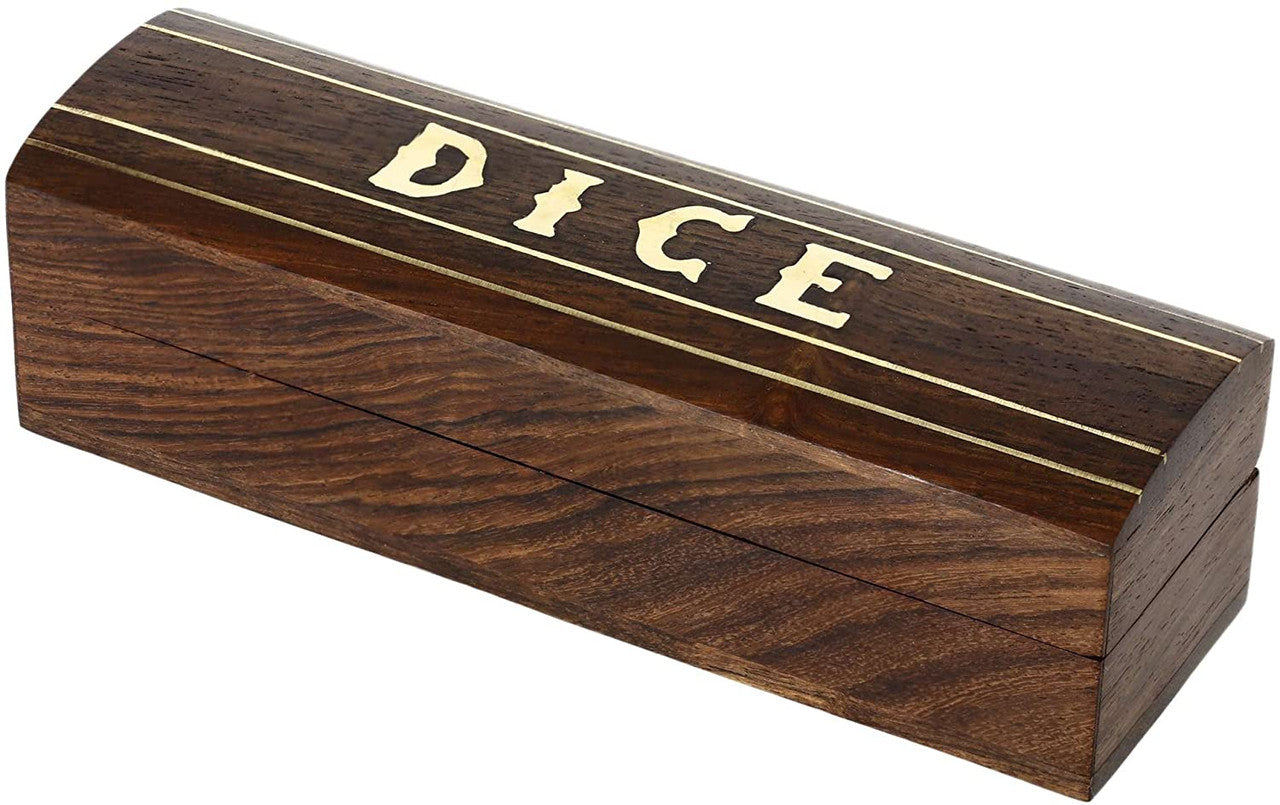 Satnam Handmade Indian Wooden Dice Game Storage Decorative Box with Brass Inlay and 5 Dices Rectangle DiceKitRectangle