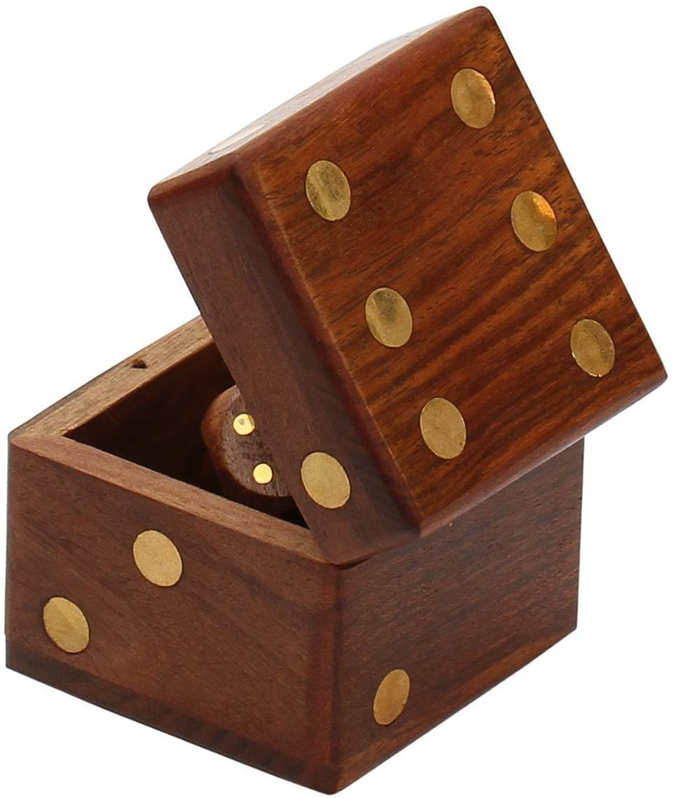 Satnam Handmade Indian Wooden Dice Game Storage Decorative Box with Brass Inlay and 5 Dices Square DiceKitSquare