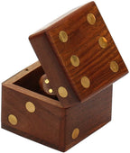 Satnam Handmade Indian Wooden Dice Game Storage Decorative Box with Brass Inlay and 5 Dices Square DiceKitSquare