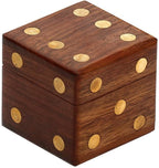 Satnam Handmade Indian Wooden Dice Game Storage Decorative Box with Brass Inlay and 5 Dices Square DiceKitSquare