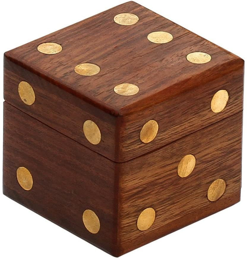 Satnam Handmade Indian Wooden Dice Game Storage Decorative Box with Brass Inlay and 5 Dices Square DiceKitSquare
