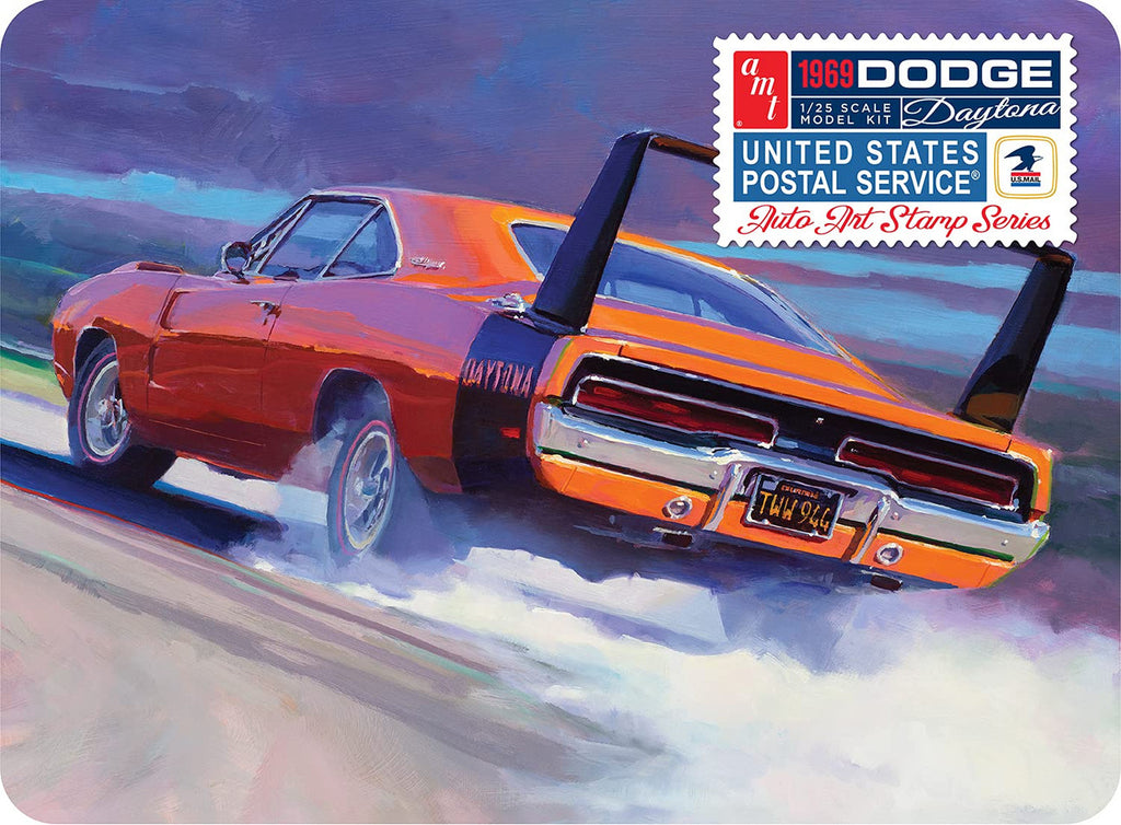 AMT 1969 Dodge Charger Daytona USPS Stamp Series Collector Tin 125 Scale Model Kit
