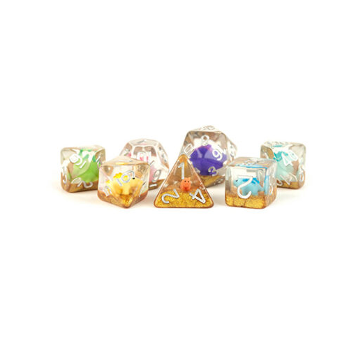 Metallic Dice Games 16mm Resin Poly Set Dinosaur w/Silver 7 Role Playing Game Dice for Dungeons and Dragons MTD757