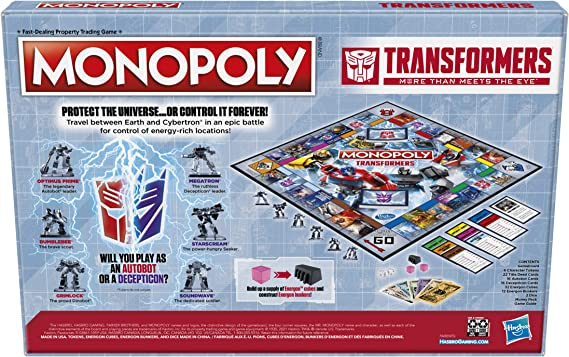 Monopoly Hasbro Gaming Monopoly Transformers Edition Board Game 2 to 6 Players Ages 8 and Up Includes Autobot Decepticon Tokens F16600000