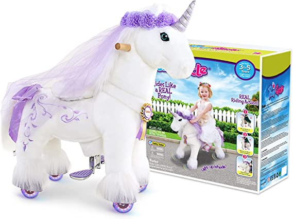 PonyCycle Official Riding Horse White and Purple Unicorn No Battery No Electricity Mechanical Giddy up Pony Plush Toy Walking Animal for Age 3-5 Years Small Size - K31