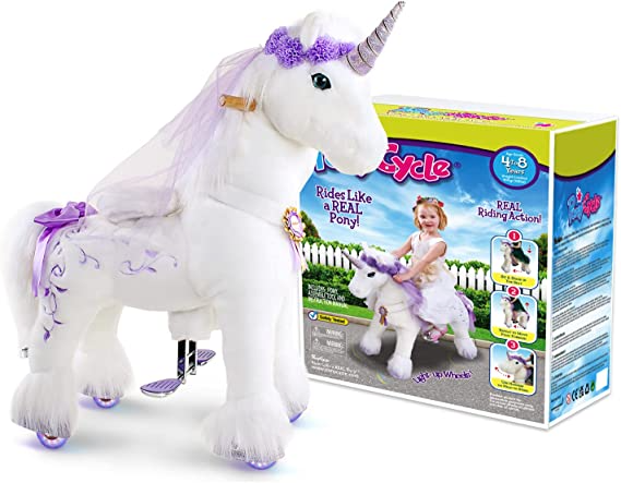 PonyCycle Official Riding Horse White and Purple Unicorn No Battery No Electricity Mechanical Giddy up Pony Plush Toy Walking Animal for Age 4-9 Years Medium Size - K41