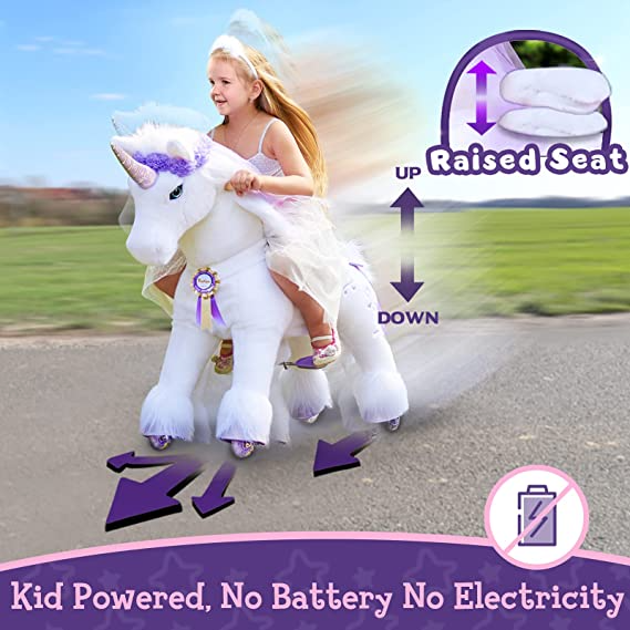 PonyCycle Official Riding Horse White and Purple Unicorn No Battery No Electricity Mechanical Giddy up Pony Plush Toy Walking Animal for Age 4-9 Years Medium Size - K41