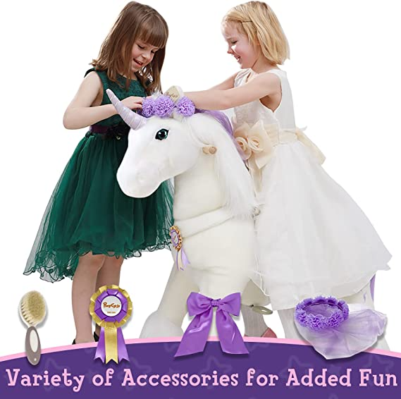 PonyCycle Official Riding Horse White and Purple Unicorn No Battery No Electricity Mechanical Giddy up Pony Plush Toy Walking Animal for Age 4-9 Years Medium Size - K41
