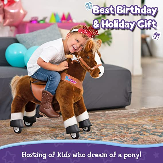 PonyCycle Official 2019 New U Series Ride on Horse Toy Plush Walking Animal Brown Horse Medium Size for Age 4-8
