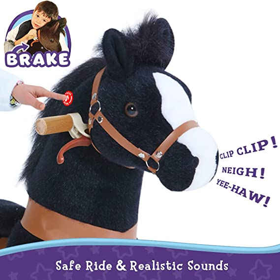 PonyCycle Official 2019 New U Series Ride on Horse Toy Plush Walking Animal Black Horse Medium Size for Age 4-8