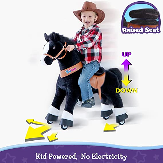 PonyCycle Official 2019 New U Series Ride on Horse Toy Plush Walking Animal Black Horse Medium Size for Age 4-8