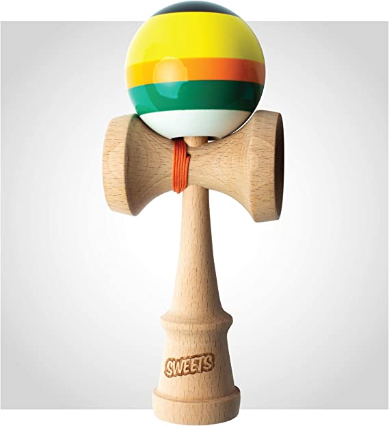 Sweets Kendamas 5-Stripe Prime Kendama - All Levels, Stripe Design, Extra String Accessory Bundle (Poncho)