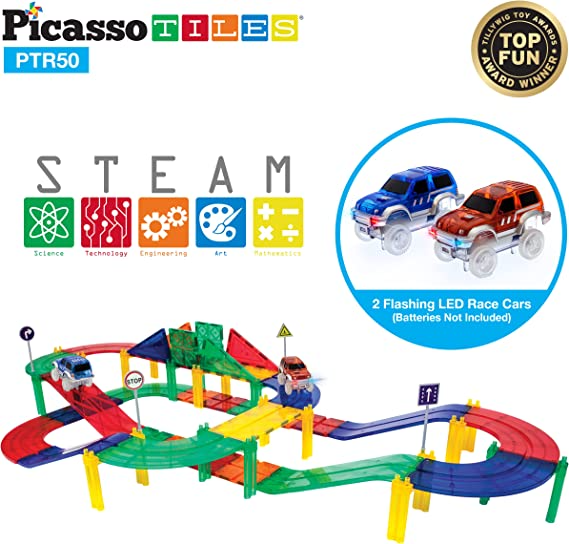 PicassoTiles 50 Piece Race Car Track Building Block Educational Toy Set