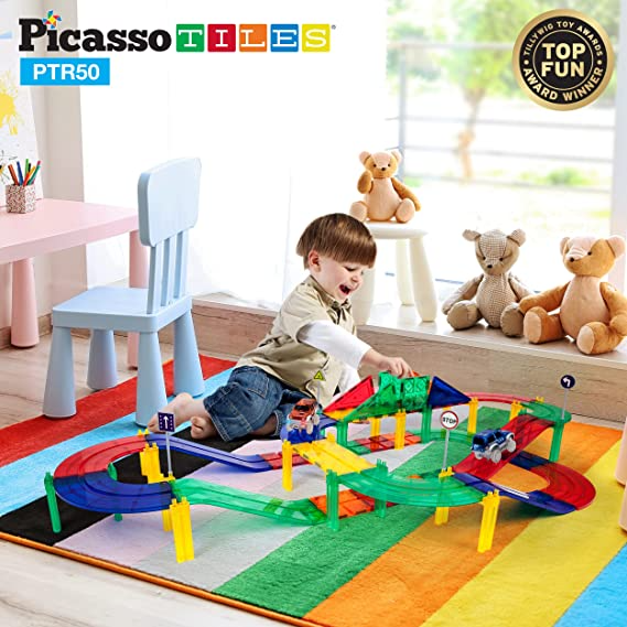 PicassoTiles 50 Piece Race Car Track Building Block Educational Toy Set