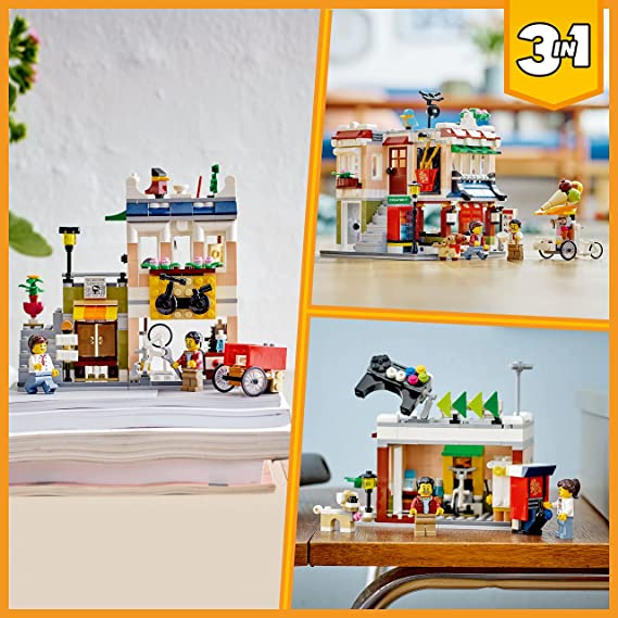 LEGO Creator 3in1 Downtown Noodle Shop 31131 Building Toy Set for Boys Girls and Kids Ages 8+; Features a Townhouse Bike Shop or Arcade 569 Pieces LEGO-31131