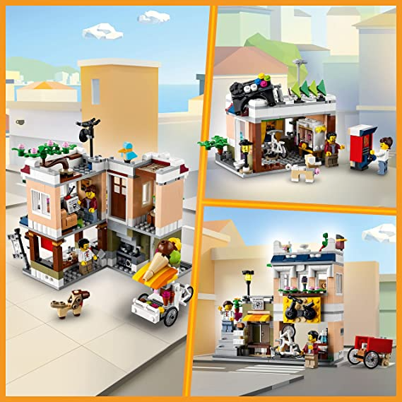 LEGO Creator 3in1 Downtown Noodle Shop 31131 Building Toy Set for Boys Girls and Kids Ages 8+; Features a Townhouse Bike Shop or Arcade 569 Pieces LEGO-31131