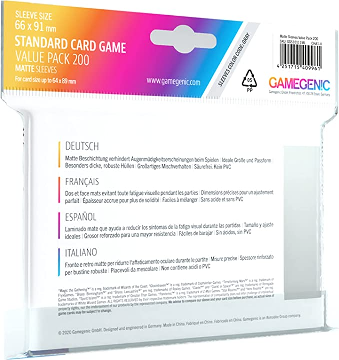 Gamegenic Standard Card Game Value Pack 200 Matte Sleeves Professional Protection for Up to 200 Large TCG Decks and Gaming Cards G10111
