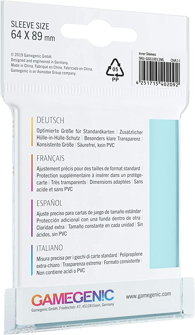 Gamegenic Inner Sleeves Pack of 100 Clear Standard Card Game Sleeves for Board Games and Card Games hold Up to 100 TCG Decks and Gaming Cards GG1013