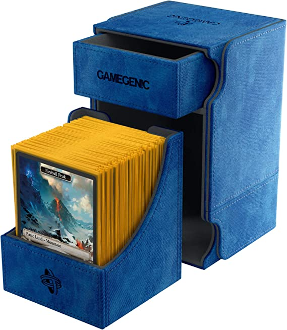 Gamegenic Deck Box Watchtower Convertible Blue 100Ct Holds Double Sleeved Cards With Accessories Drawer Mix & Match Customization Secure Closure With Powerful Magnets GG2038
