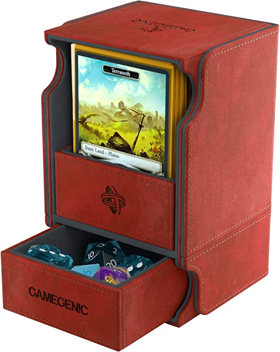 Gamegenic Deck Box Watchtower Convertible Red 100Ct Holds Double-Sleeved Cards With Accessories Drawer Mix & Match Customization Left And Right Handed Use Secure Closure With Powerful Magnets GG2039
