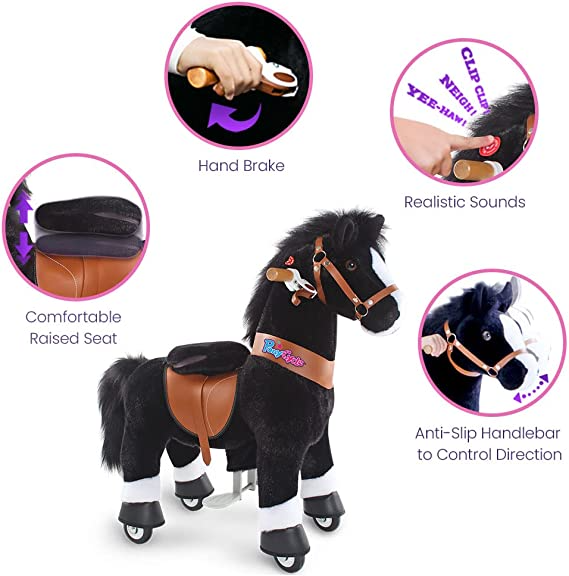 PonyCycle Black Horse Ride On Toy Walking & Rocking Pony with White Hooves for Kids Ages 7+ Max Load 176 lbs - Ux526