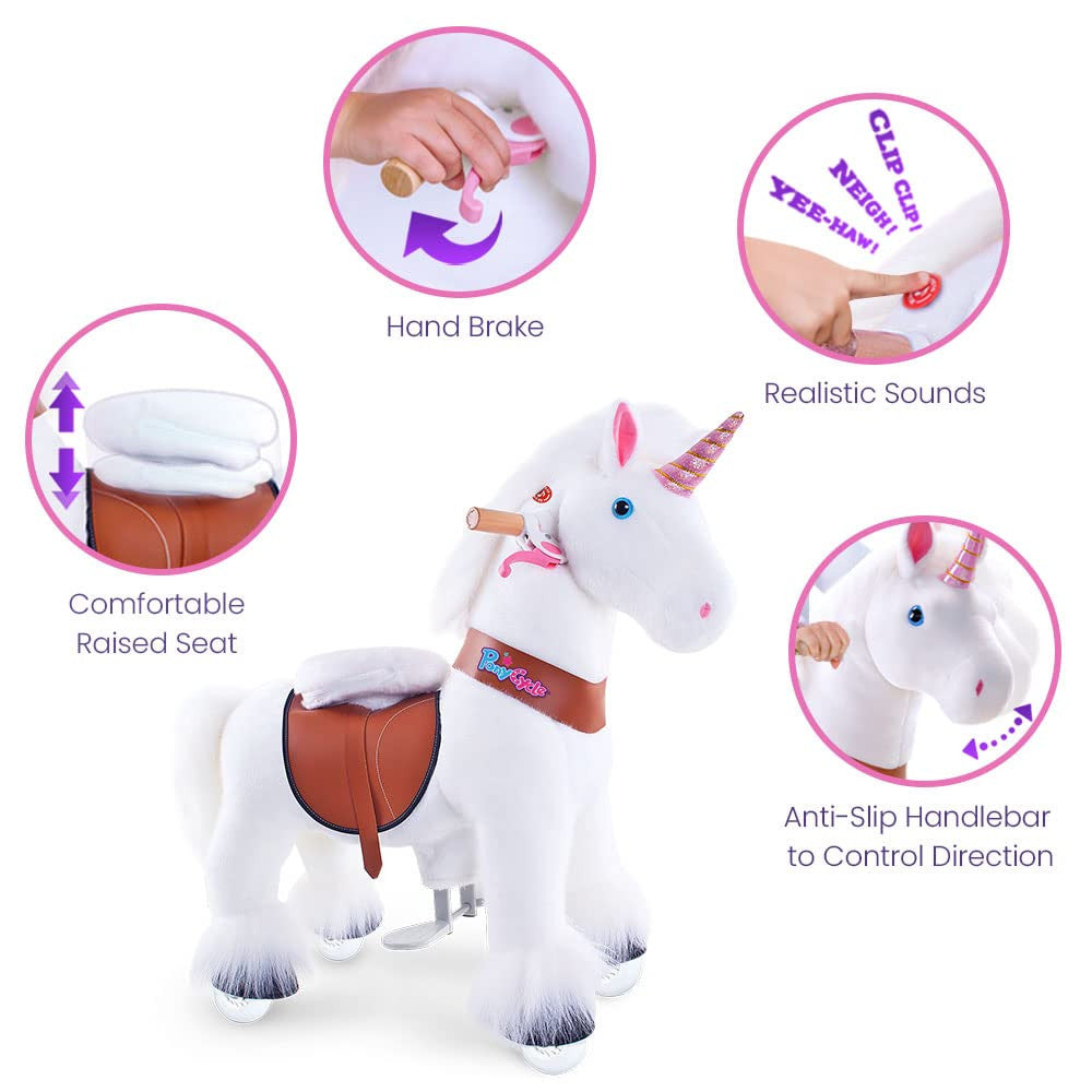 PonyCycle White Unicorn Ride On Horse Toy Walking & Rocking Pony for Kids Ages 4-7 Max Load 88 lbs - Ux404