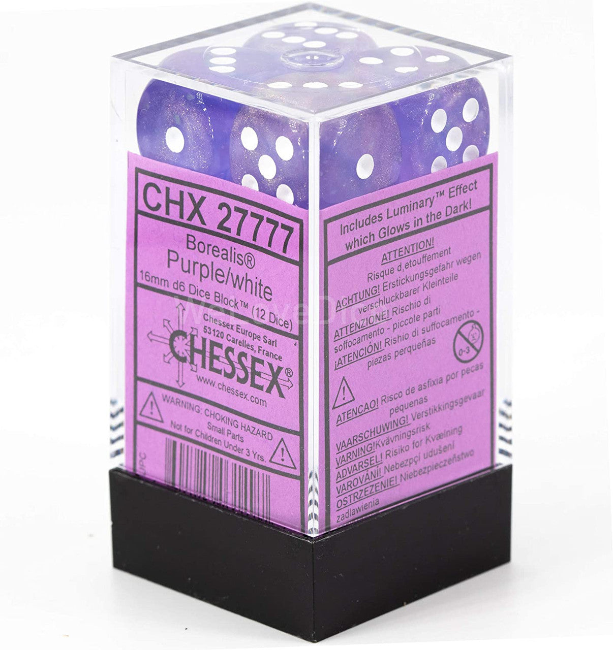 Chessex Borealis 16mm d6 Purple/White Luminary Dice Block (12 dice) (27777)